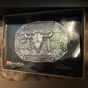 Nocona Silver And Turquoise Arrows Skull Feather Buckle